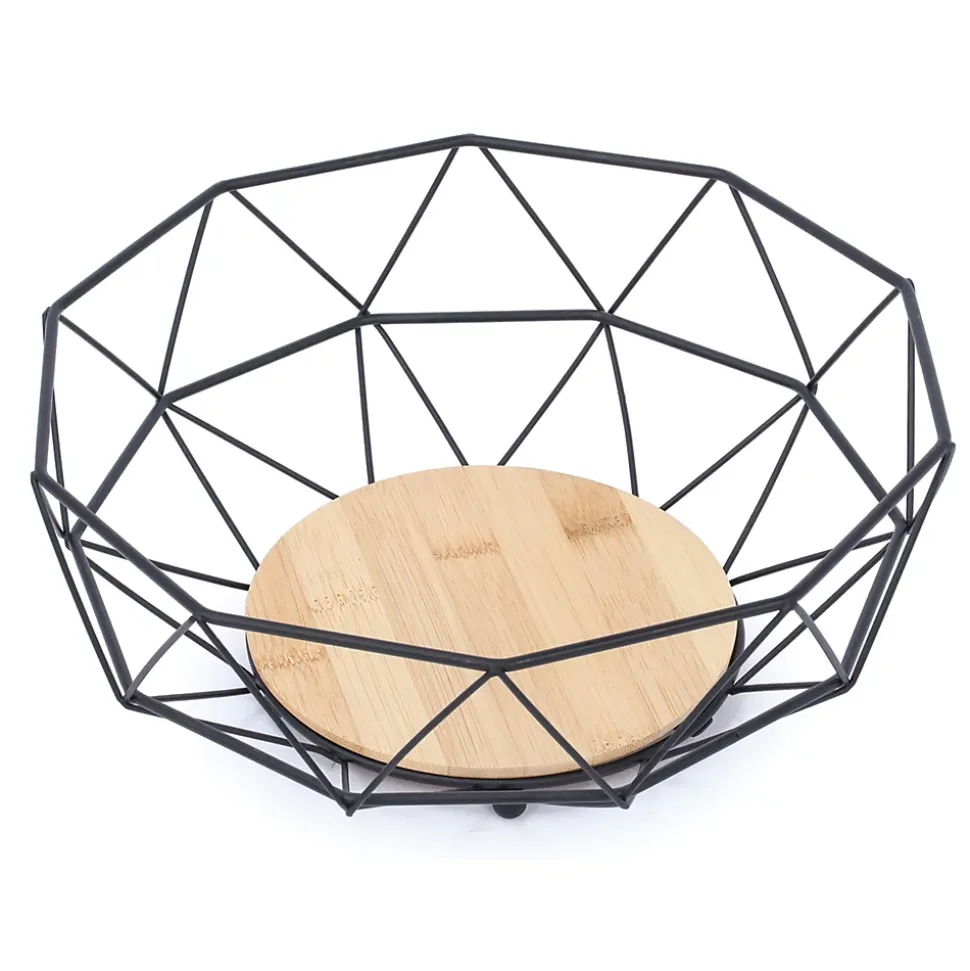 Corbeille à fruits ronde avec formes géométriques en métal noir et bambou