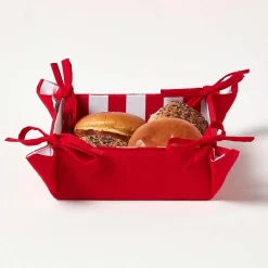 Corbeille à pain carré - tissu uni rouge et rayures réversible - HOMESCAPES