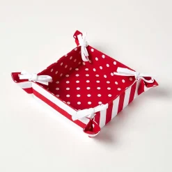 Corbeille à pain carré - tissu rayé rouge et imprimé pois réversible - HOMESCAPES