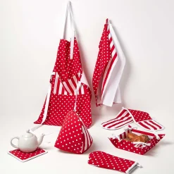 Corbeille à pain carré - tissu rayé rouge et imprimé pois réversible - HOMESCAPES