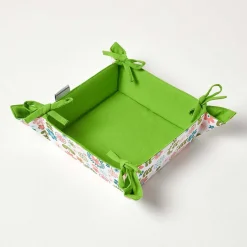 Corbeille à pain carré - tissu fleurs et vert uni réversible - HOMESCAPES