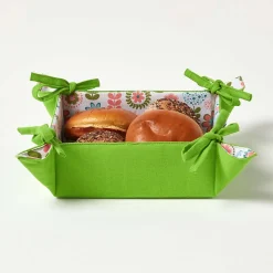 Corbeille à pain carré - tissu fleurs et vert uni réversible - HOMESCAPES