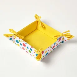 Corbeille à pain carré - tissu pois multicolore et jaune uni réversible - HOMESCAPES