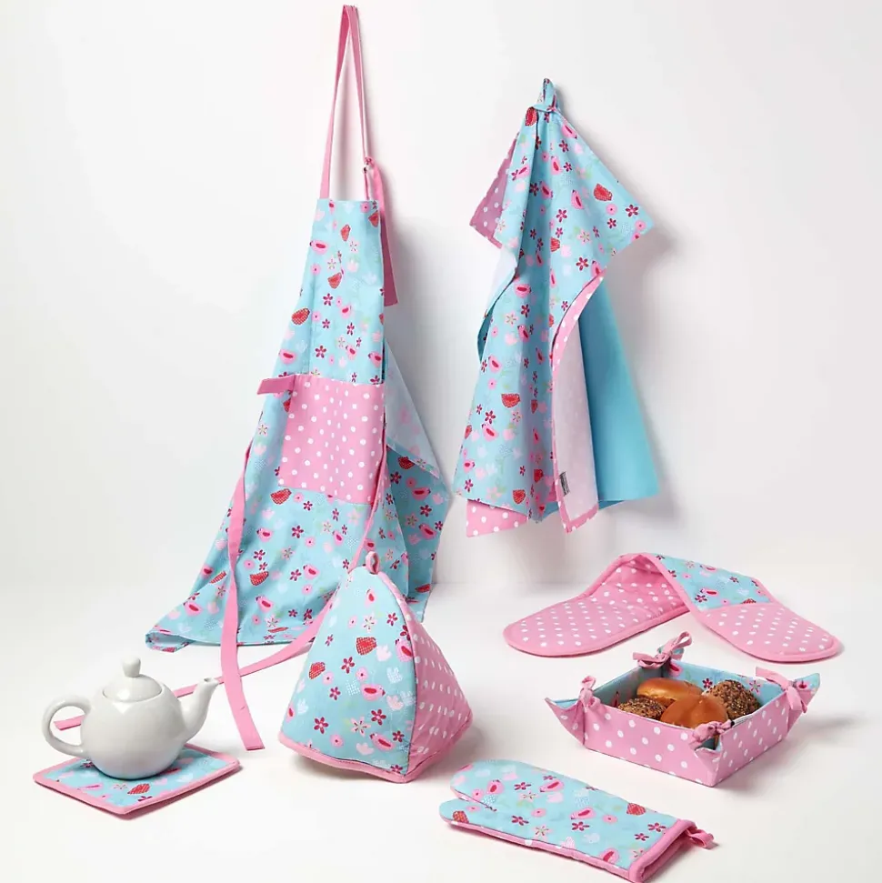 Corbeille à pain carré - tissu pois rose et imprimé oiseaux réversible - HOMESCAPES