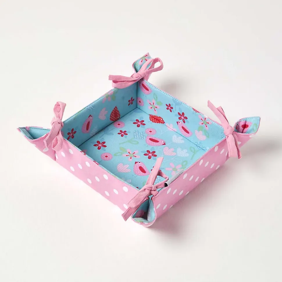 Corbeille à pain carré - tissu pois rose et imprimé oiseaux réversible - HOMESCAPES