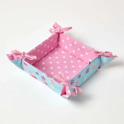 Corbeille à pain carré - tissu pois rose et imprimé oiseaux réversible - HOMESCAPES