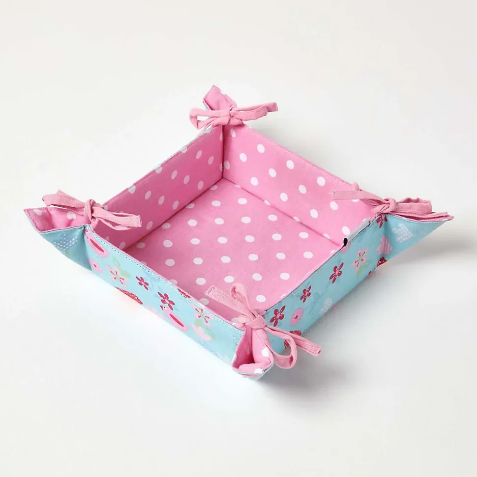 Corbeille à pain carré - tissu pois rose et imprimé oiseaux réversible - HOMESCAPES