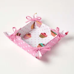 Corbeille à pain carré - tissu pois rose et imprimé cupcakes réversible - HOMESCAPES