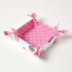 Corbeille à pain carré - tissu pois rose et imprimé cupcakes réversible - HOMESCAPES