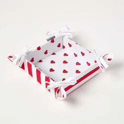 Corbeille à pain carré - tissu rayé rouge et imprimé cœur réversible - HOMESCAPES