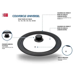Couvercle de cuisson 16/18/20 cm en verre et acier carbone pour poêles Elo