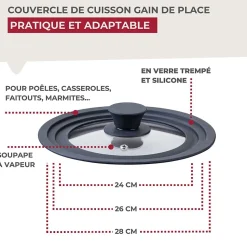 Couvercle de cuisson adaptable de 24 à 28 cm en verre et silicone Fackelmann