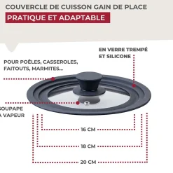 Couvercle de cuisson adaptable de 16 à 20 cm en verre et silicone Fackelmann
