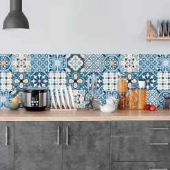 Crédence adhésive carreaux de ciment bleu et beige 60x100 cm