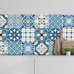 Crédence adhésive carreaux de ciment bleu et beige 60x100 cm