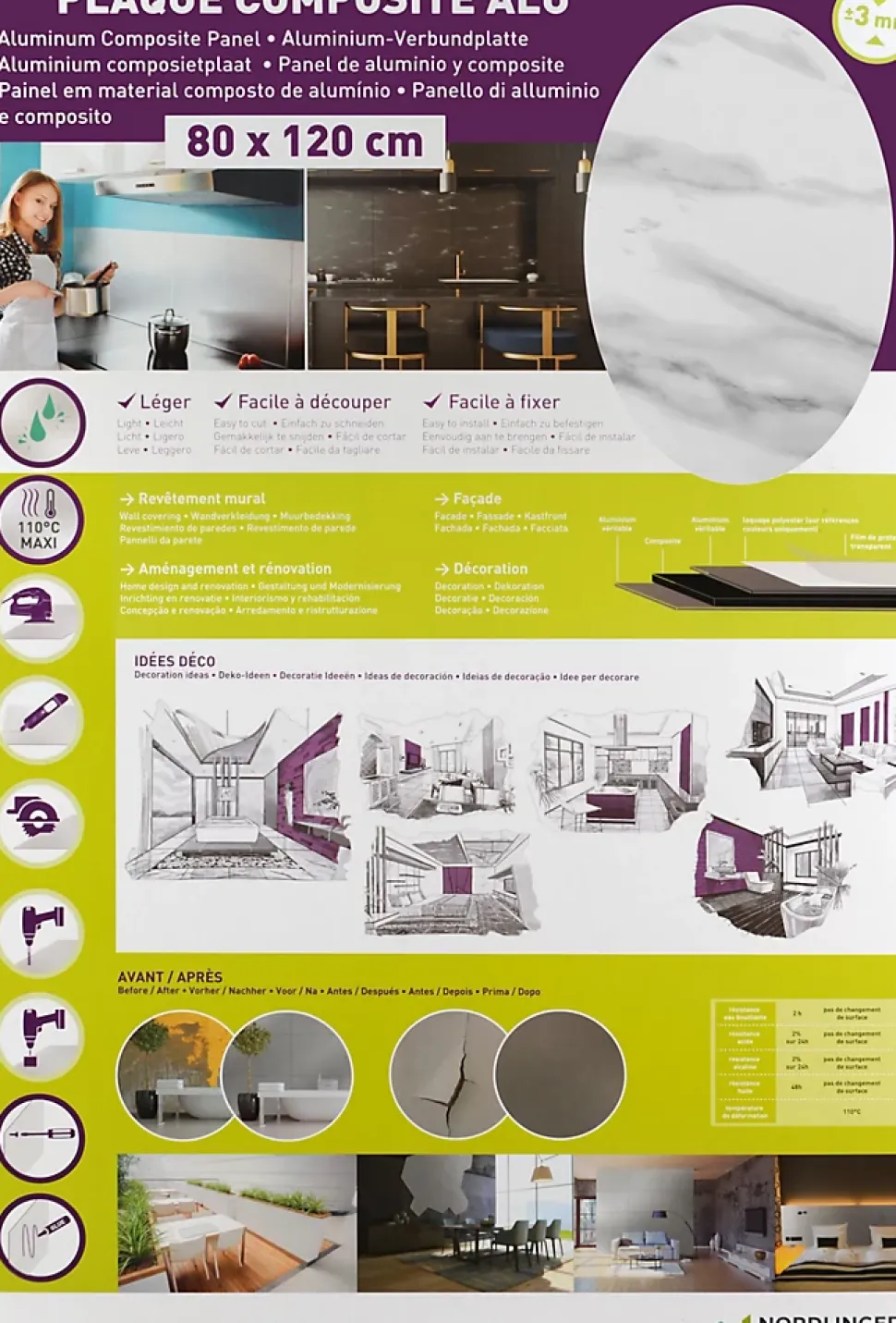 Crédence aluminium marbre blanc 120 x 80 cm