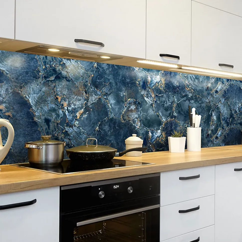 Crédence cuisine adhésive en vinyle imitation marbre bleu et or, 200 x 40 cm, design raccordable