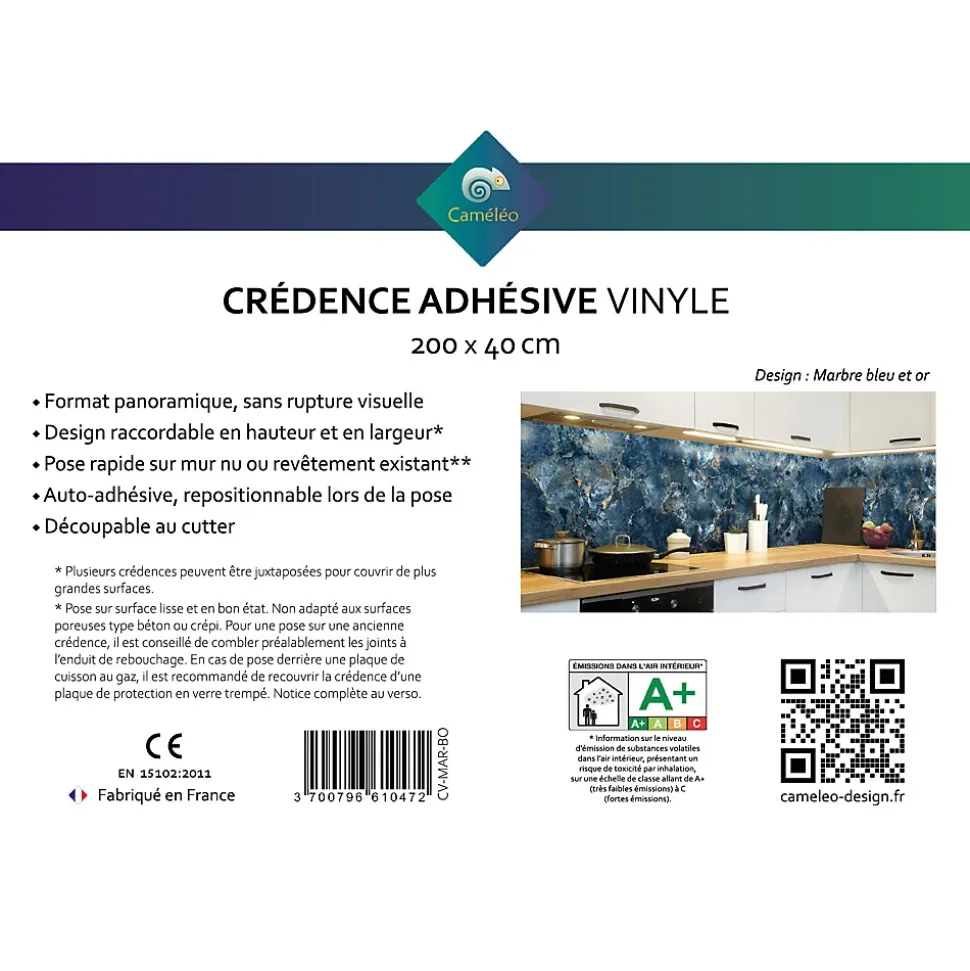 Crédence cuisine adhésive en vinyle imitation marbre bleu et or, 200 x 40 cm, design raccordable