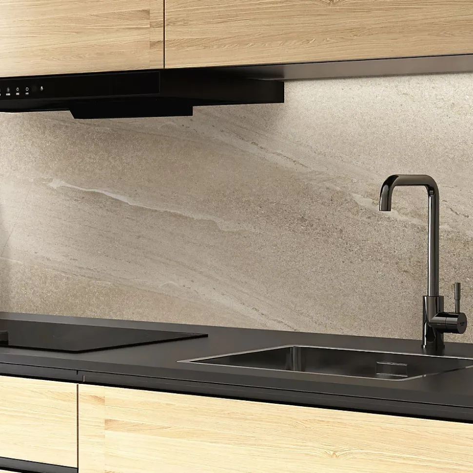Crédence cuisine adhésive en vinyle imitation grès beige foncé, 200 x 40 cm, design raccordable