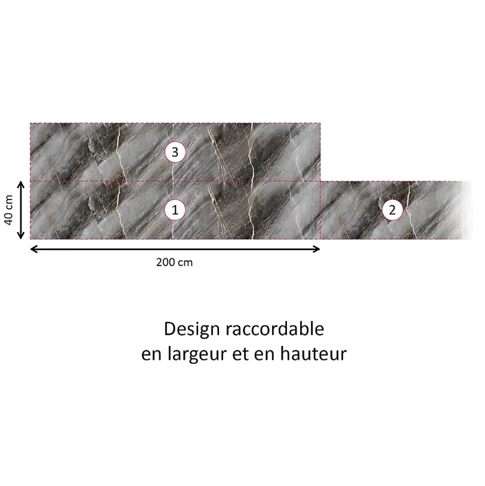 Crédence cuisine adhésive en vinyle imitation marbre gris et or, 200 x 40 cm, design raccordable