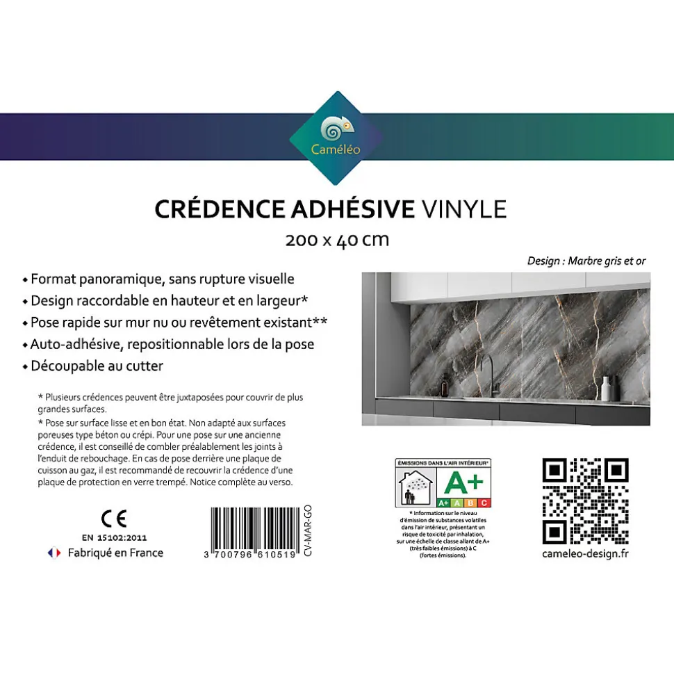 Crédence cuisine adhésive en vinyle imitation marbre gris et or, 200 x 40 cm, design raccordable