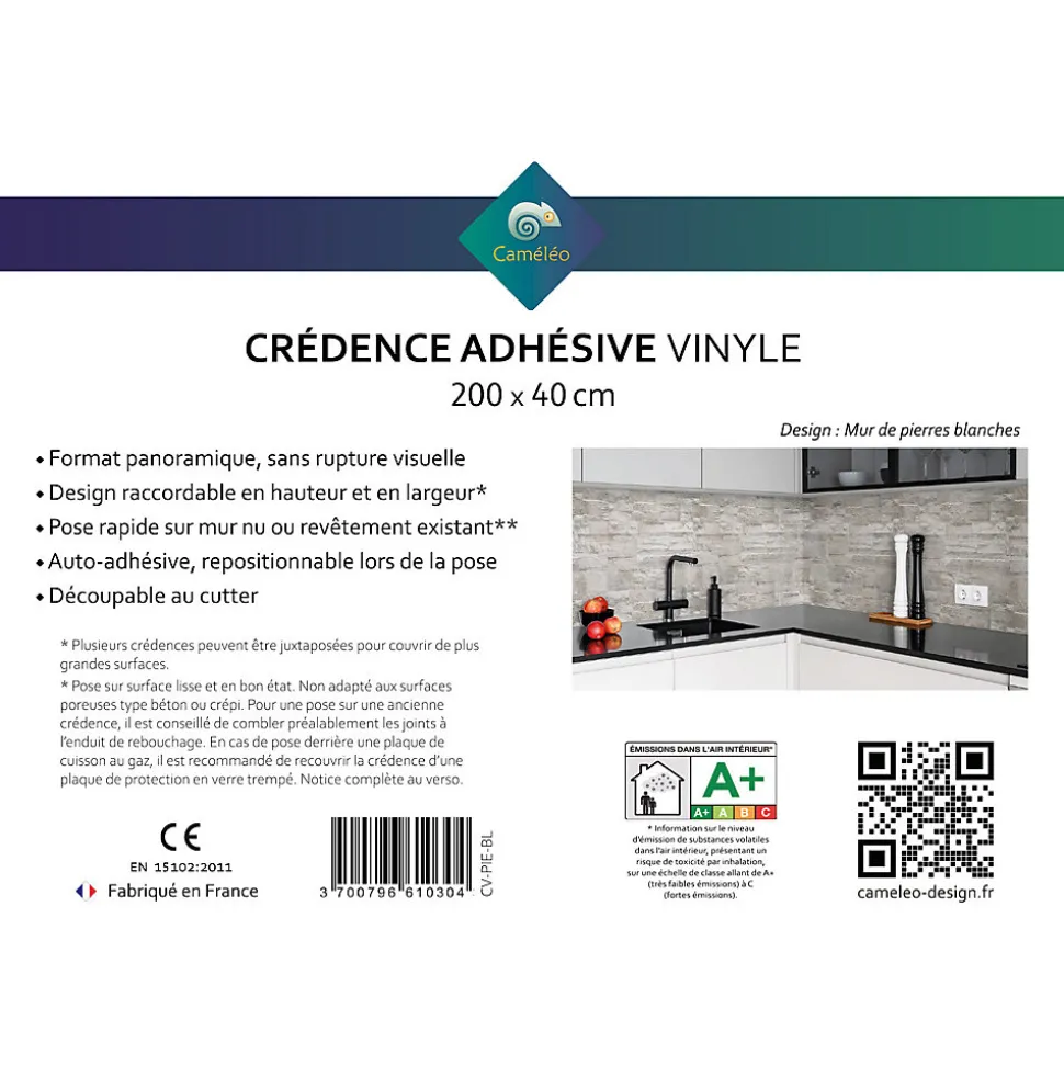 Crédence cuisine adhésive en vinyle effet mur de pierres blanches, 200 x 40 cm, design raccordable