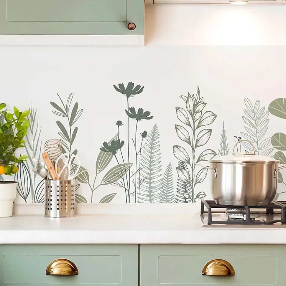 Crédence cuisine en aluminium - floral vert sauge - 240x50 cm (en 2 bandeaux)