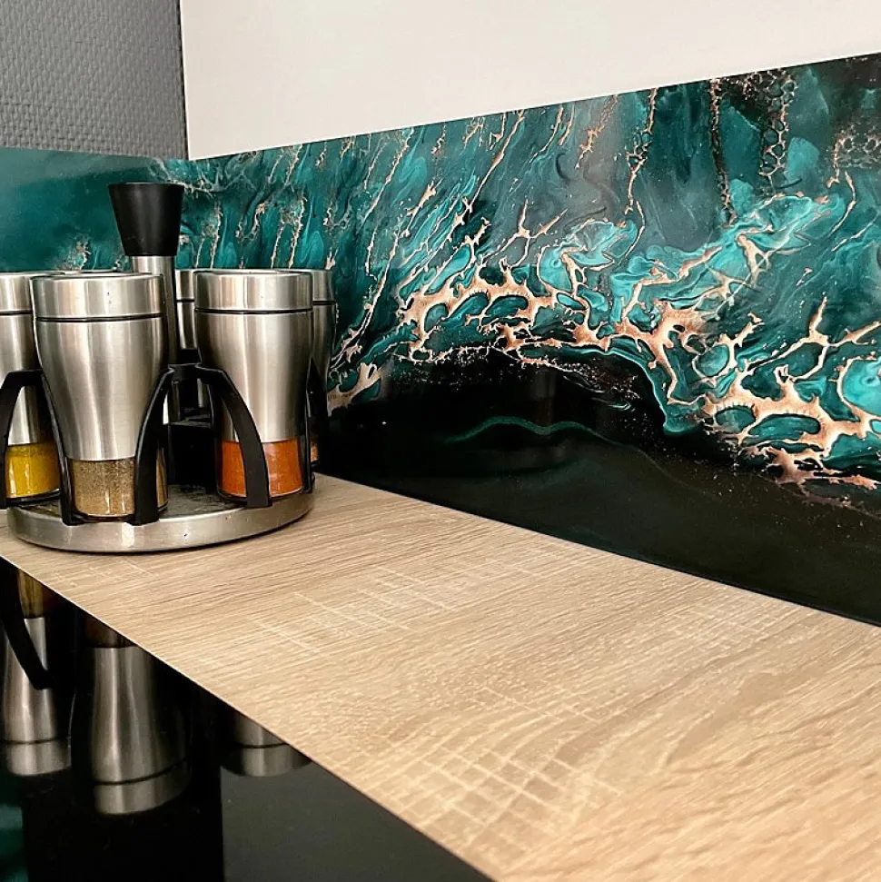 Crédence cuisine en aluminium - effet marbre bleu - 300x20 cm (en 3 bandeaux)