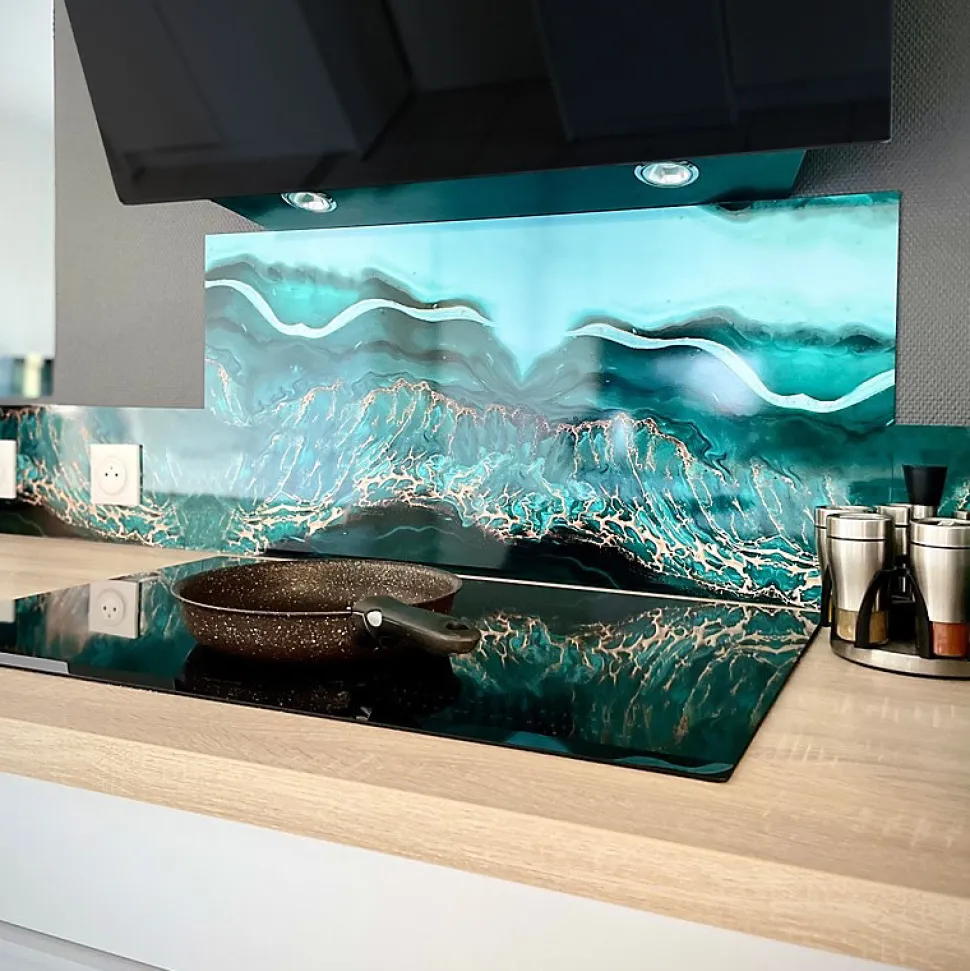 Crédence cuisine en aluminium - effet marbre bleu - 300x20 cm (en 3 bandeaux)