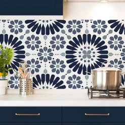 Crédence cuisine en aluminium - effet carreaux de ciment bleu - 240x50 cm (en 2 bandeaux)