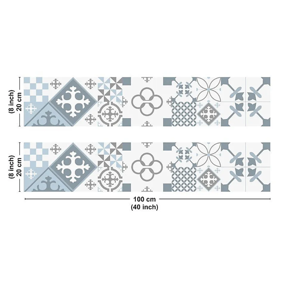 Crédence cuisine en aluminium - effet carreaux de ciment bleu - 200x20 cm (en 2 bandeaux)