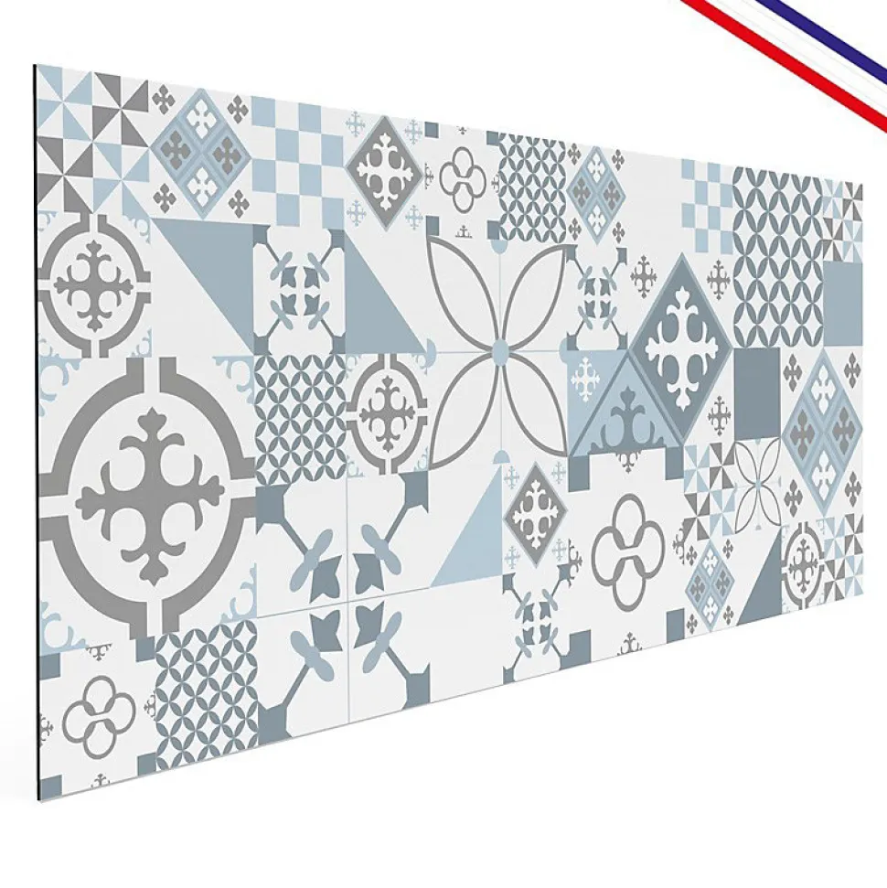 Crédence cuisine en aluminium - effet carreaux de ciment bleu - 200x20 cm (en 2 bandeaux)