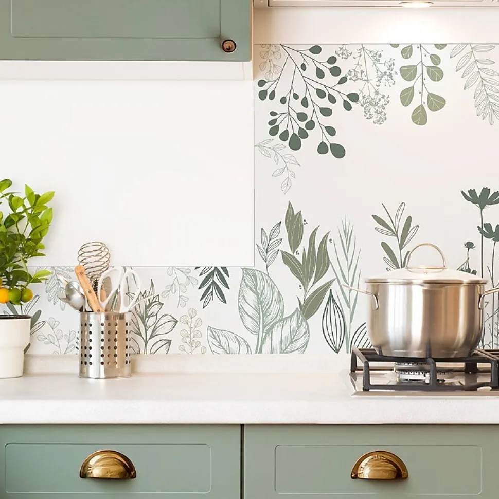 Crédence cuisine en aluminium - floral vert sauge - 300x20 cm (en 3 bandeaux)