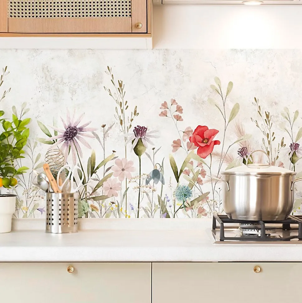 Crédence cuisine en aluminium - motif floral marron - 240x50 cm (en 2 bandeaux)