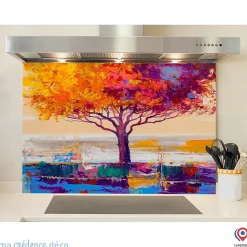 Crédence cuisine fond de hotte Arbre coloré - Verre trempé - L 90 cm x H 60 cm - MaCrédenceDéco