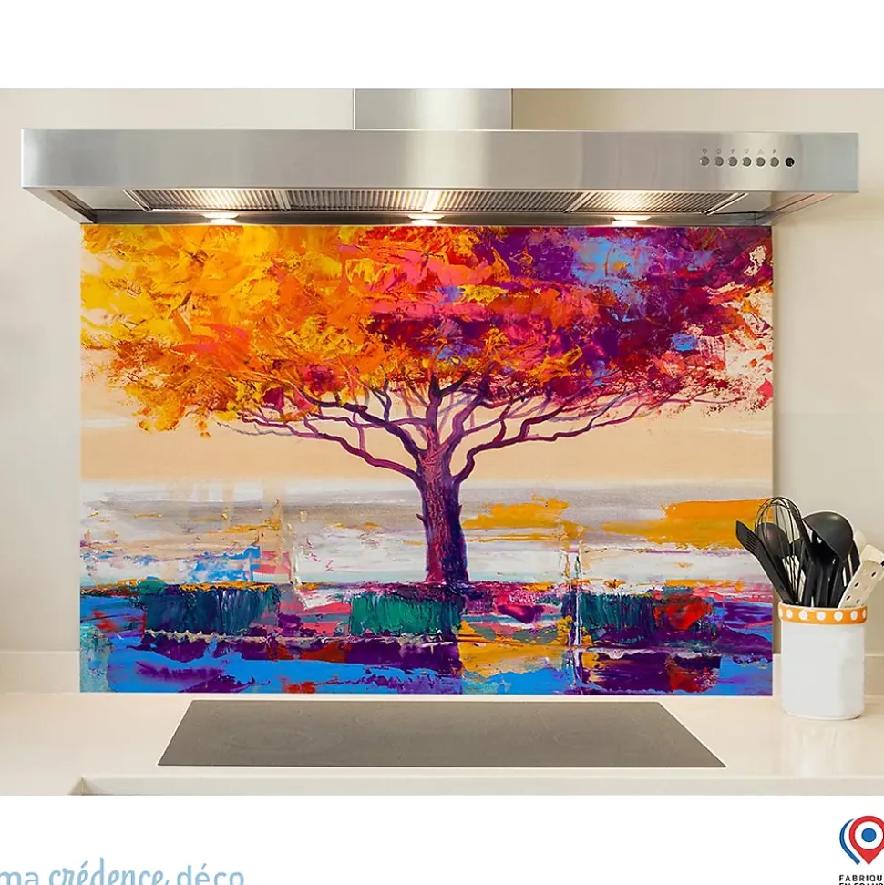 Crédence cuisine fond de hotte Arbre coloré - Verre trempé - L 90 cm x H 60 cm - MaCrédenceDéco