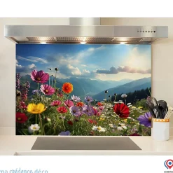 Crédence cuisine fond de hotte fleurs et montagnes - Verre trempé - L 90 cm x H 70 cm - MaCrédenceDéco