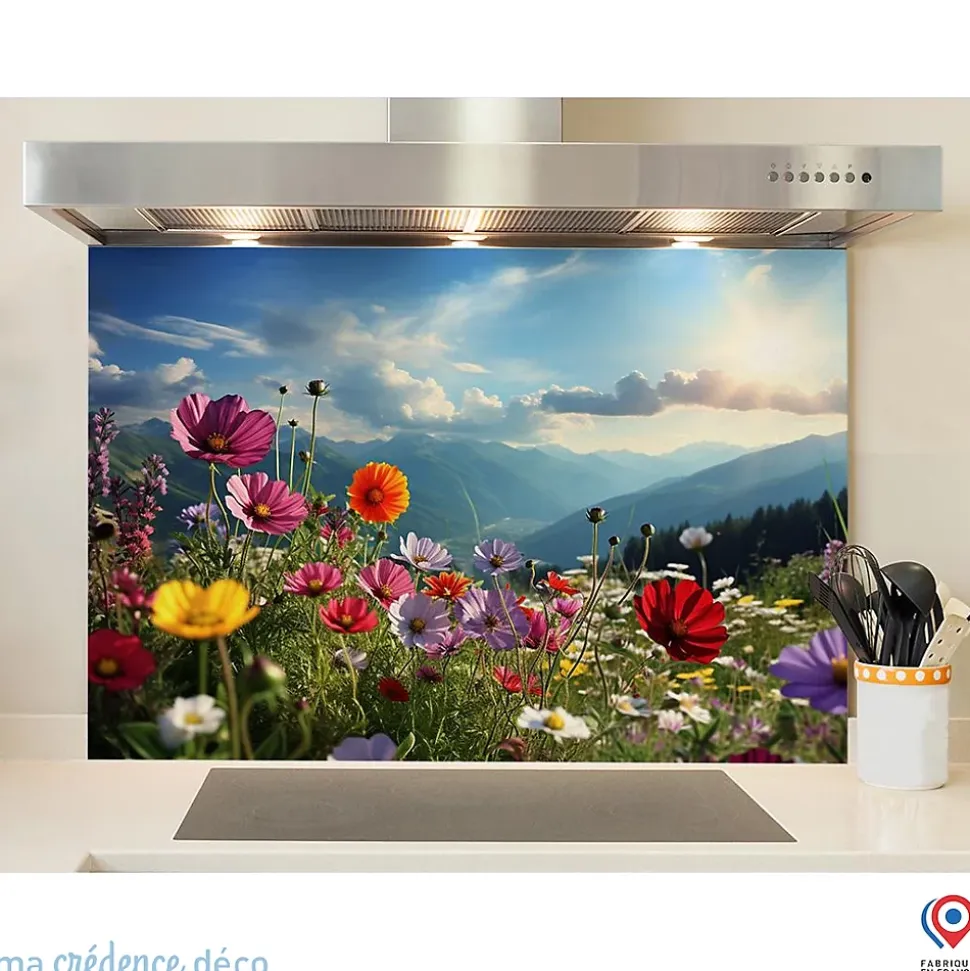 Crédence cuisine fond de hotte fleurs et montagnes - Verre trempé - L 90 cm x H 70 cm - MaCrédenceDéco