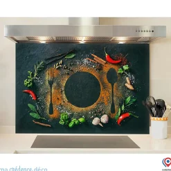 Crédence cuisine fond de hotte Epices sur ardoise 1 - Verre trempé - L 90 cm x H 70 cm - MaCrédenceDéco