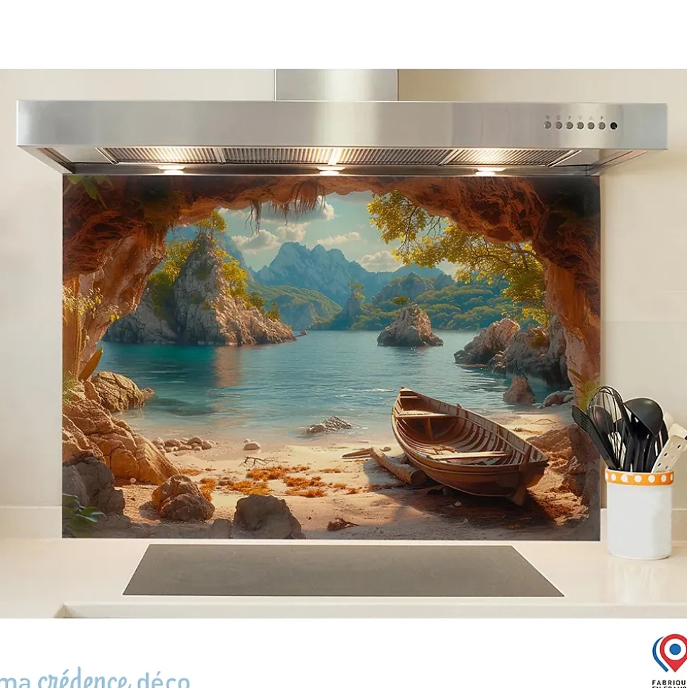 Crédence cuisine fond de hotte Mer et rocher - Alu composite - L 90 cm x H 60 cm