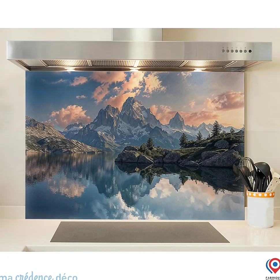 Crédence cuisine fond de hotte Lac de haute montagne - Alu composite - L 60 cm x H 45 cm - MaCrédenceDéco