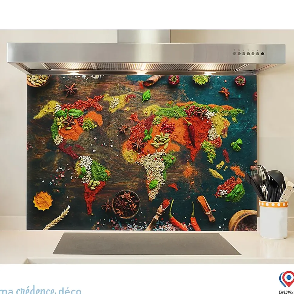 Crédence cuisine fond de hotte Epices et carte du monde 2 - Verre trempé - L 90 cm x H 70 cm - MaCrédenceDéco