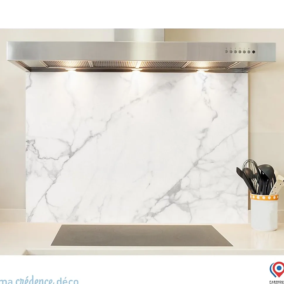 Crédence cuisine fond de hotte Marbre blanc 2 - Alu composite - L 90 cm x H 70 cm - MaCrédenceDéco