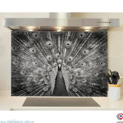 Crédence cuisine fond de hotte Paon - Verre trempé - L 90 cm x H 50 cm - MaCrédenceDéco