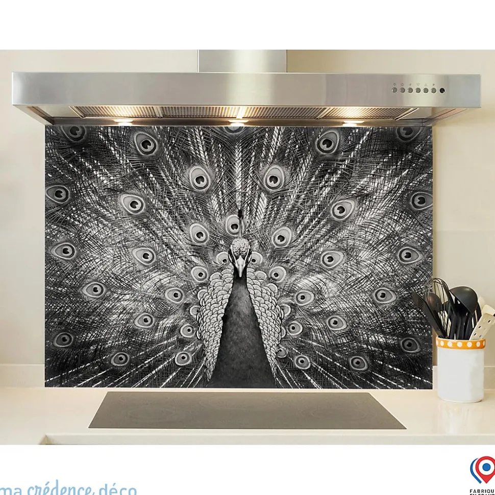 Crédence cuisine fond de hotte Paon - Verre trempé - L 90 cm x H 50 cm - MaCrédenceDéco