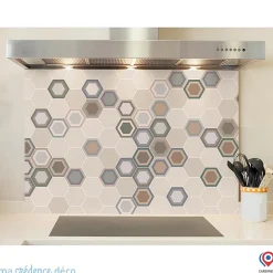 Crédence cuisine fond de hotte Carreaux Ciment Hexagonal 4 - Verre trempé - L 70 cm x H 60 cm - MaCrédenceDéco