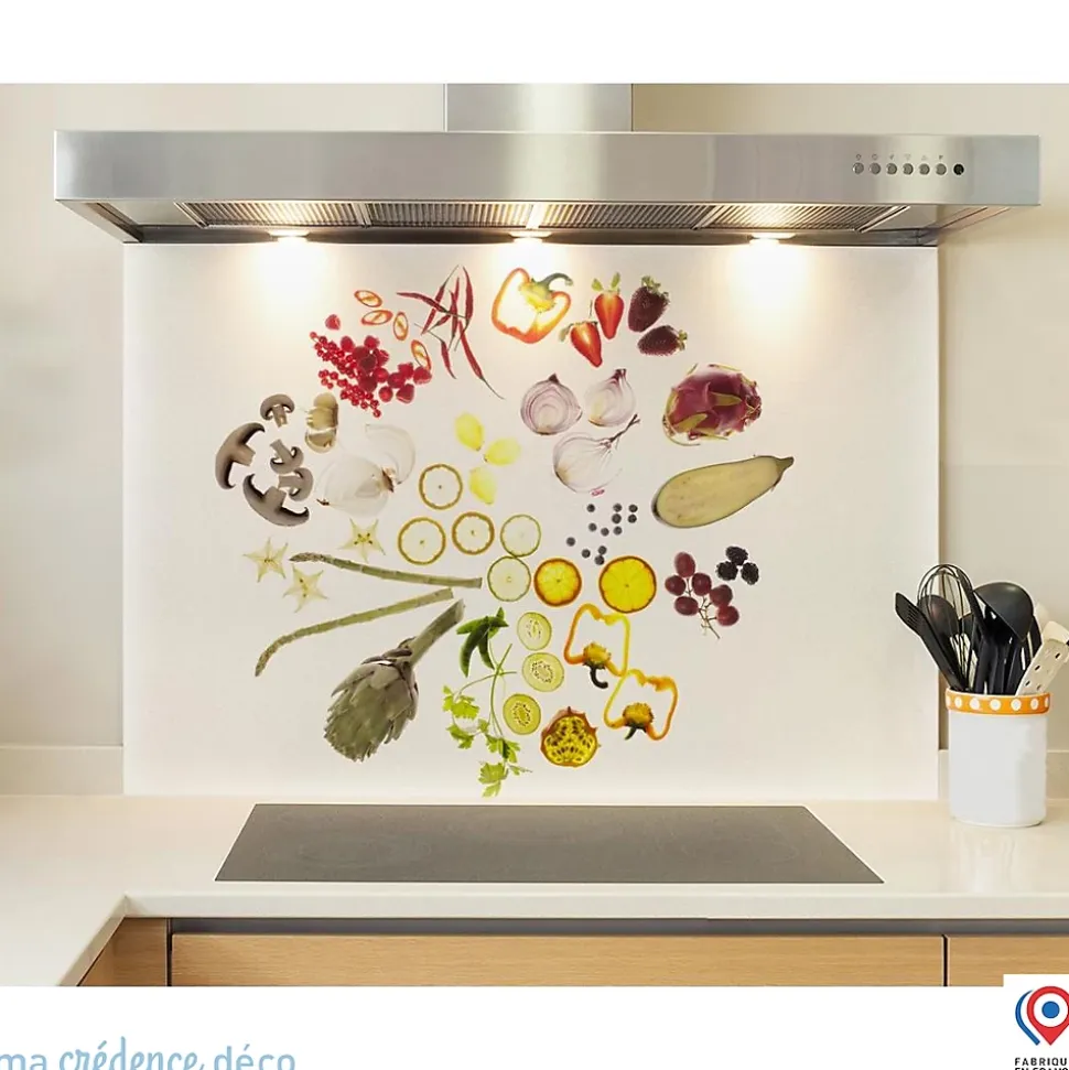 Crédence cuisine fond de hotte Légumes sur fond blanc - Verre trempé - L 90 cm x H 50 cm - MaCrédenceDéco