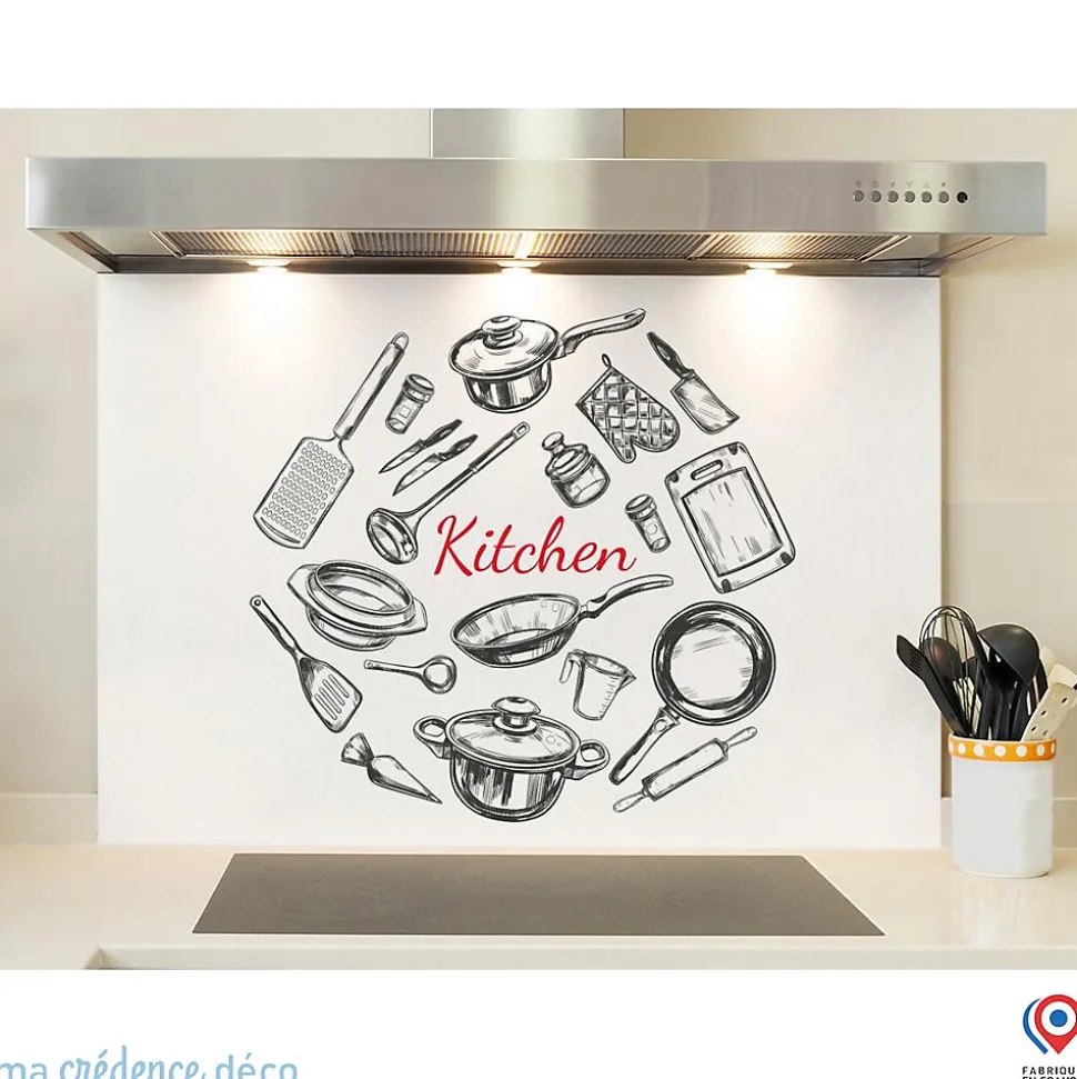 Crédence cuisine fond de hotte Dessin et ustensiles - Verre trempé - L 90 cm x H 70 cm - MaCrédenceDéco