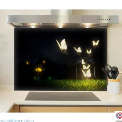 Crédence cuisine fond de hotte Papillons et lumière - Verre trempé - L 60 cm x H 45 cm - MaCrédenceDéco