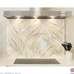 Crédence cuisine fond de hotte feuilles dorées 2 - Verre trempé - L 60 cm x H 45 cm - MaCrédenceDéco